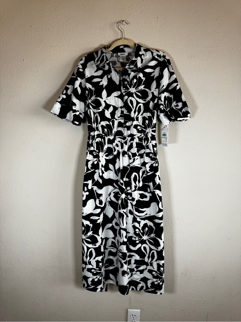 DKNY Black & White Floral Tie-Waist Midi Dress